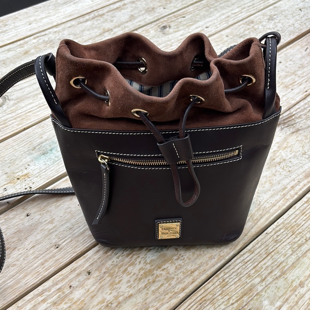 Dooney & Bourke Brown Leather and Suede Crossbody Bag with Drawstring Closure